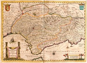 Karta över Andalusien, med Sevilla och Cordoba (Spanien) (etsning