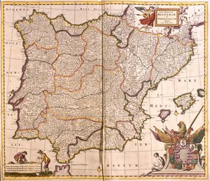 Karta över den iberiska halvön, Spanien och Portugal (etsning