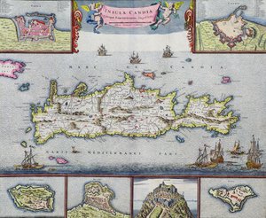 Karta över ön Candia (Kreta) med hamnen i Herakleion, ca 1680
