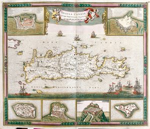 Karta över ön Kreta, med utsikt över de befästa städerna La Cane och Heraklion och fästningarna Spinalonga, Retino, Thine och Souda (etsning av Frederick de Wit