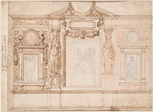 Design för en väggdekoration med inklistrade skisser efter Raphael (verso) av Frederico Zuccaro