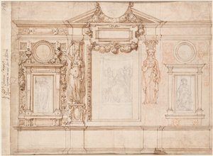 Design för en väggdekoration med inklistrade skisser efter Raphael verso, ca. 1580-90-tal. av Frederico Zuccaro