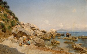 På stranden, Capri med Vesuvius i bakgrunden av Frederico del Campo