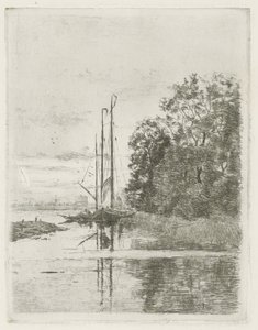 Flodutsikt med två fartyg och en pråm. av Fredericus Jacobus van Rossum du Chattel (signed by artist)