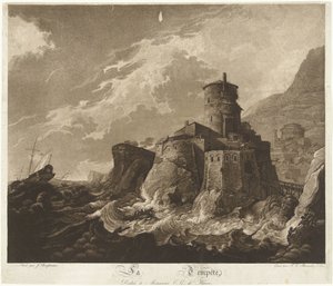 Slott på den klippiga kusten och fartyg i storm till havs La Tempête (titel på objekt)