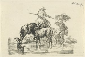 Herde och herdinna vadar genom en bäck av Frederik Cornelis Rose