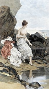 Kvinna vid havet som badar i gömmer sig - allegori om sommaren, kalender illustrerad av Hubert Dys, målad av F.H. Kaemmerer