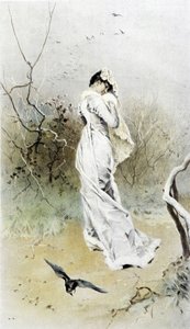 Kvinna i en skog - allegori om tidig vinter, kalender illustrerad av Hubert Dys, målad av F.H. Kaemmerer