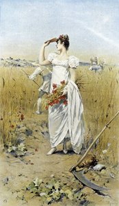 Kvinna med vete och vallmo - sensommar allegori, kalender illustrerad av Hubert Dys, målad av F.H. Kaemmerer
