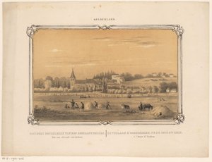 Vy över Oosterbeek med figurer som gör hö Byn Oosterbeek kan ses från den Rijnkant. En timme bort från Arnhem. (titel på objekt) Gelderland (serietitel på objekt)