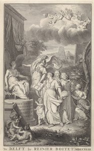 Minerva and the Arts för en tronande figur Titelsida för: The Groot Natuur- en Zedekundigh Wereldtoneel, Delft, R. Boitet, 1743