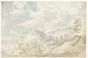 Bergslandskap med utsikt över en dalgång (av Donau?) och ett kyrktorn