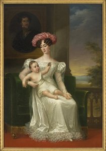 Josephine av Leuchtenberg, drottning av Sverige och Norge (med sin son Karl XV i famnen, sittande framför ett porträtt av kung Oscar I) - Porträtt av Josephine av Leuchtenberg (1807-1876), drottning av Sverige och Norge, av Westin , Fredric (1782-1862). Ol
