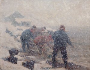 Fiskare drar noten i en snöstorm (olja på duk) av Fredrik Kolstoe