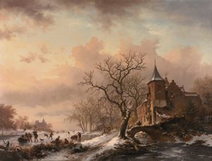 Slott i ett vinterlandskap och skridskoåkare på en frusen flod av Fredrik Marinus Kruseman