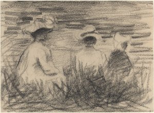 Tre figurer som sitter på en äng, sedd bakifrån av French 19th or 20th Century
