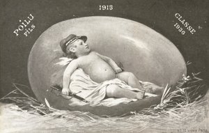1915, påskkort som visar redan beväpnad babysoldat i ägg av French Photographer