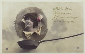 En kvinnas huvud som spricker igenom ovanför en pannkakspanna (tonat fotokollage) av French Photographer