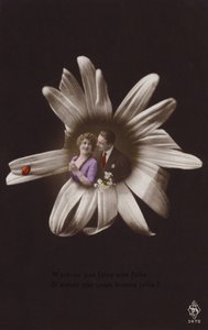 Ett ungt par i mitten av en blomma med nyckelpiga (tonat fotocollage) av French Photographer