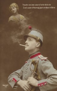 En ung soldat som dagdrömmer om sin kärlek (tonad bild) av French Photographer