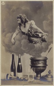 En ung kvinna som dyker upp ur ångan av en soppterrin (fotocollage) av French Photographer