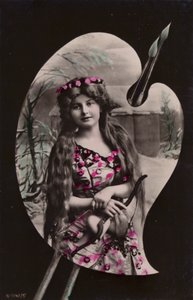 En ung kvinna som håller en pil och båge avbildad på en konstnärspalett (tonat fotokollage) av French Photographer
