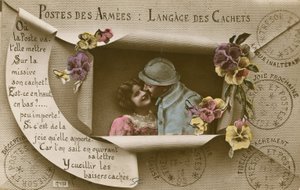 Kort som förklarar användningen av vykort för de med män i armén av French Photographer