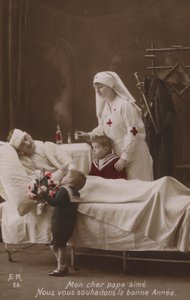Barn som önskar ett gott nytt år till sin skadade far, WW1 av French Photographer