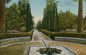 Cypress Walk, Alcazar, i Sevilla, Spanien. Vykort skickat 1913. av French Photographer