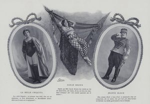 Franska skådespelerskor och sångerskor La Belle Chiquita, Sarah Brown och Jeanne Bloch (s/v foto) av French Photographer