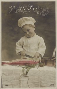Liten pojke lagar en fisk (färgfoto) av French Photographer