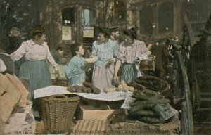 Marknadsstånd på Les Halles i Paris, Frankrike. Vykort skickat 1913. av French Photographer