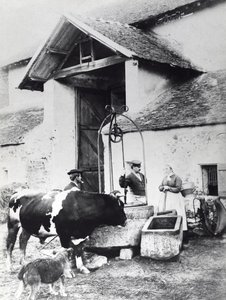Bönder runt en brunn, på en bondgård, ca 1860-70 (s/v foto) av French Photographer