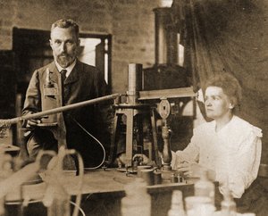 Pierre och Marie Curie i laboratoriet av French Photographer