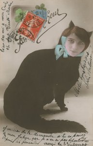 Vykort av en katt med en kvinnas ansikte, skickat 1913 av French Photographer