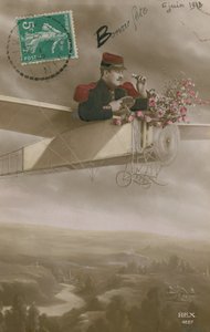Vykort av en flygare som levererar blommor, skickat den 6 juni 1913 (handfärgat foto) av French Photographer