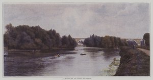 Floden Marne och Viaduct of Nogent, Frankrike (färgfoto) av French Photographer