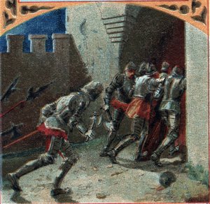 100-årskrig: Burgundernas armé intog Pierrefonds slott genom förräderi (1300-talet). Kromolitografi från slutet av 1800-talet av French School