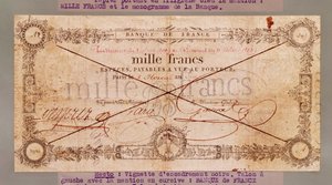 1000 francs sedel från 8 Floreal, An X (28 april 1802) (bläck på papper) av French School