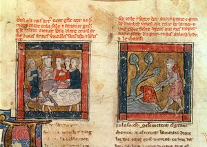 184 Fr.110 f.405 Galahad kommer till Arthur och Galahad drar svärdet från den flytande stenen i floden vid Camelot, ca 1250-80 (se även 150479) av French School