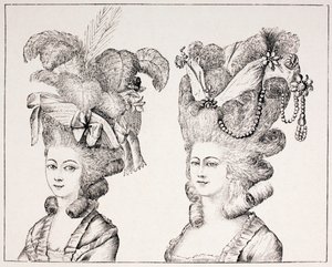 Franska 1700-talsflickor som bär extravaganta frisyrer och hattar, 1875 av French School