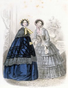 2 fashionabla kvinnor: i outfit - i "" Journal des Demoiselles"" 1852 (gravyr) av French School