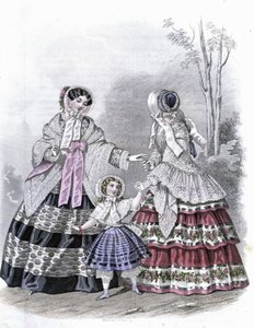 2 fashionabla kvinnor med en tjej på promenad - i "Journal des Demoiselles"" 1852. av French School