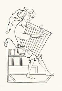 En musiker från 900-talet som spelar ett musikinstrument känt som ett psalterium, från 