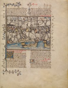 Ett slag från det trojanska kriget, ca 1390-1400 (tempera, tvättar och bladguld på pergament) av French School