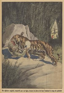 En brittisk officer, buren av en tiger, finner styrkan att döda djuret med sin pistol (färg litho) av French School