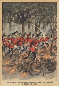Ett brittiskt regemente av drakar som använder sina svärd för att släcka en eld (färg litho) av French School