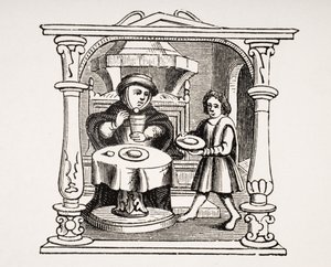 A Burgess Eating his Meal, efter en illustration i ett 1500-talsmanuskript, från Le Moyen Age et La Renaissance av Paul Lacroix (1806-84) publicerad 1847 av French School