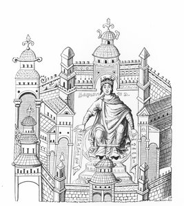 En karlovingisk kung i sitt palats, som personifierar visdom som tilltalar hela mänskligheten, efter en miniatyr i ett manuskript, kopierat av greve Horace de Viel-Castel (1798-1864) av French School