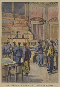 Ett kinesiskt uppdrag till Paris: en av de kinesiska delegaterna på talarstolen i kommunfullmäktige (färg litho) av French School